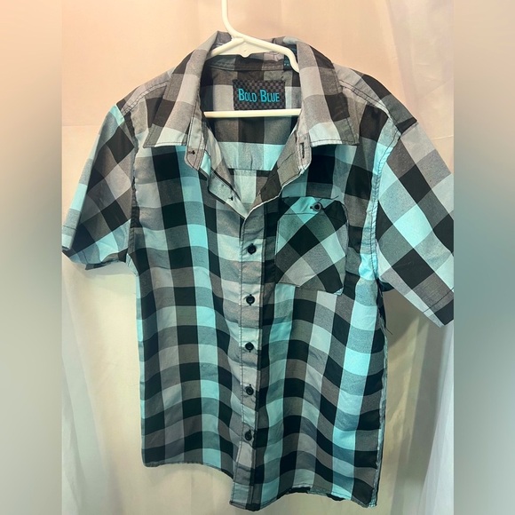 Bold Blue Turquoise & Gray Collar Short Sleeve Button Down Kids Shirt Size M - Picture 1 of 9